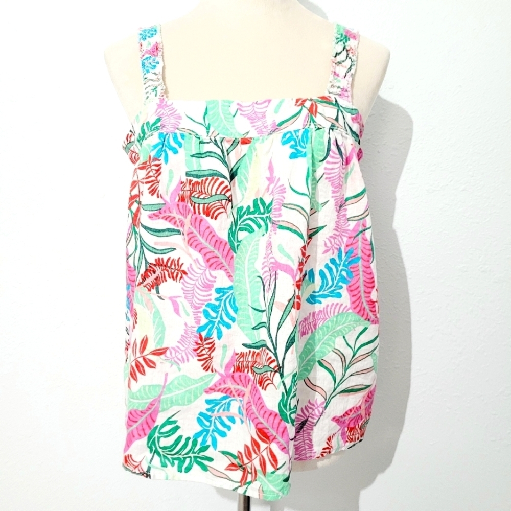 Cynthia Rowley Womens Tank Top Size M 100% Linen Colorful Tropical Leaf Print - Picture 2 of 10